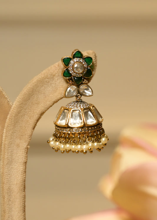 Green Small Mirror & Kundan Jhumka Earrings