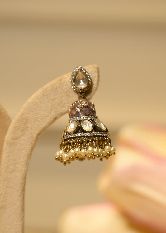 Lavender Kundan Small Mirror & Kundan Jhumka Earrings