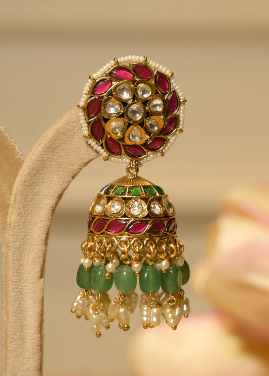 Antique Gold Kundan Jhumka with Ruby Pink Stones and Emerald Pearl Drops Earrings