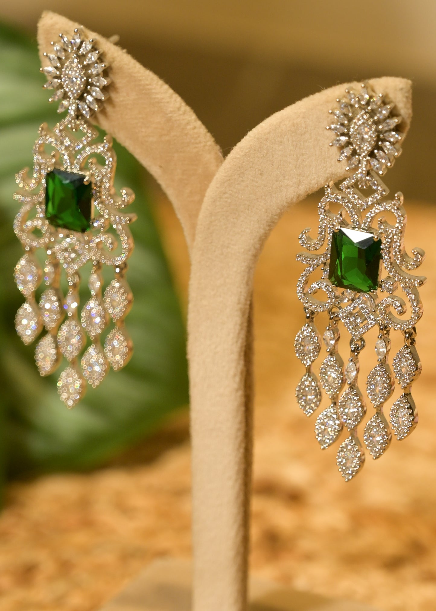 Emerald & Silver Luxe AD Diamond Earrings