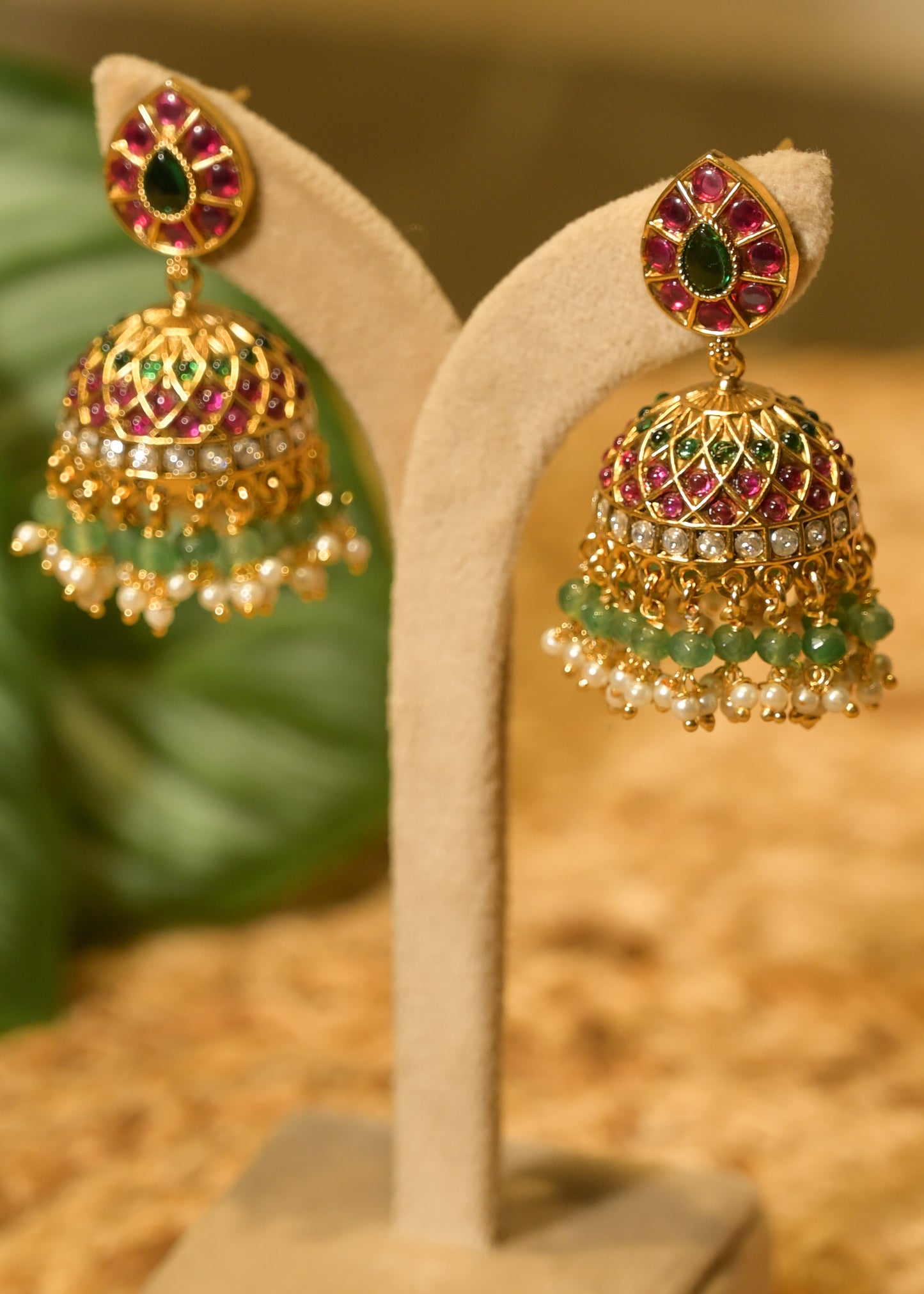 Gold & Ruby Jhumka Pearl Drop Earrings