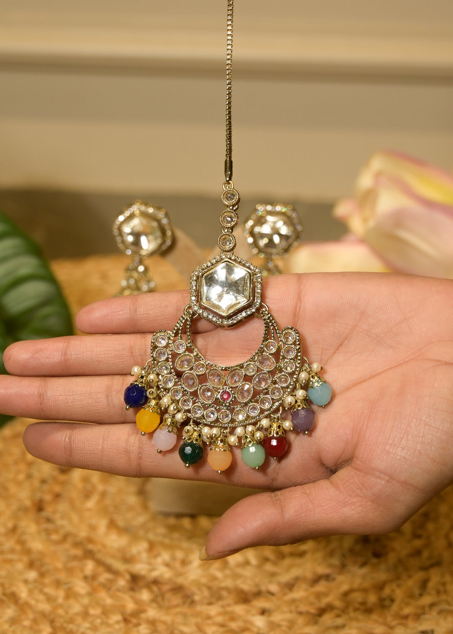 Multi Coloured Polki Jhumka with Tikka Set