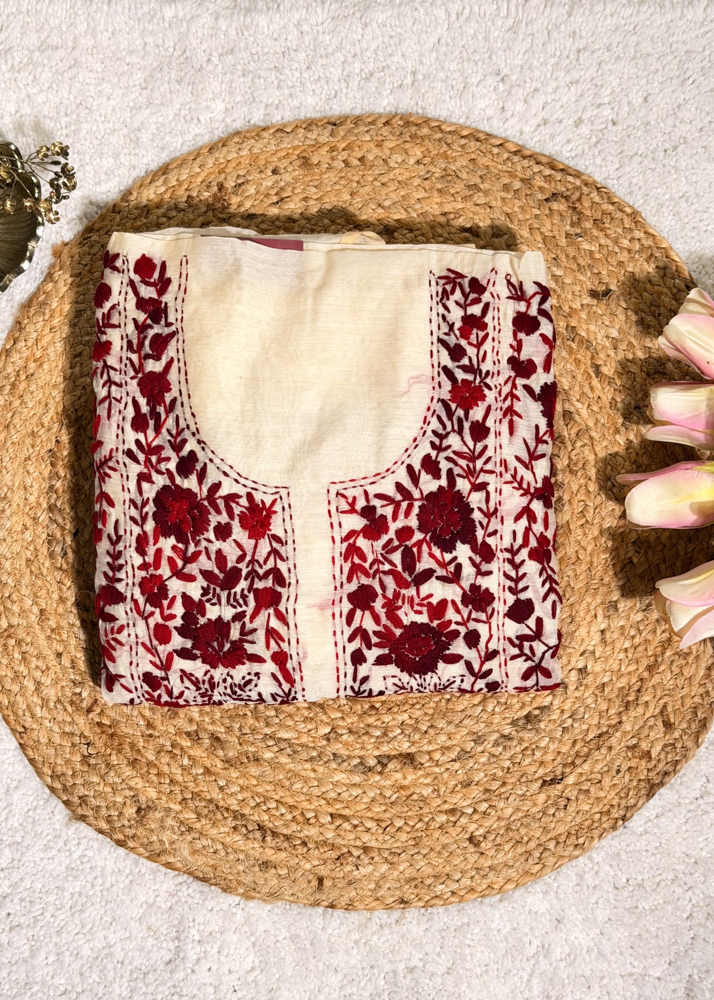 Ivory Chanderi with Mehroon Kantha Embroidery Unstitched Suit Set