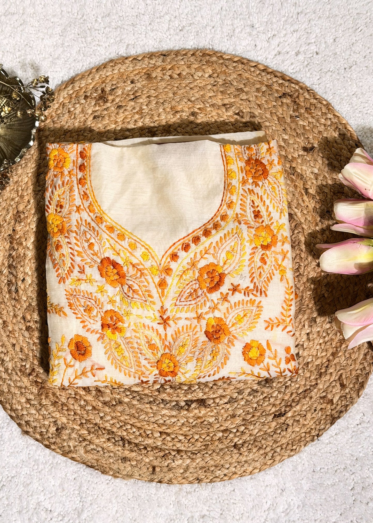 Ivory Chanderi with Yellow Kantha Embroidery Unstitched Suit Set