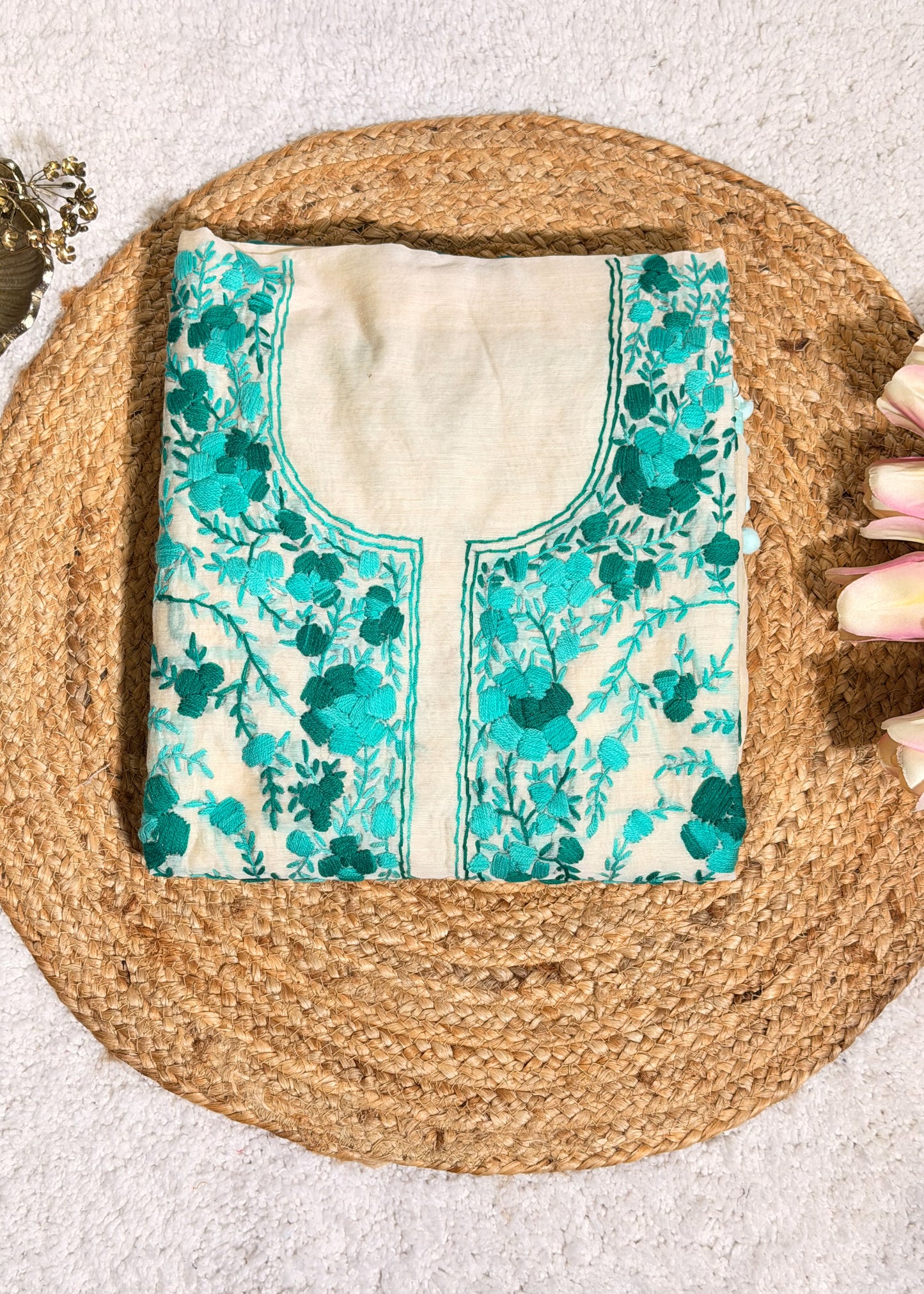 Ivory Chanderi with Firozi Kantha Embroidery Unstitched Suit Set