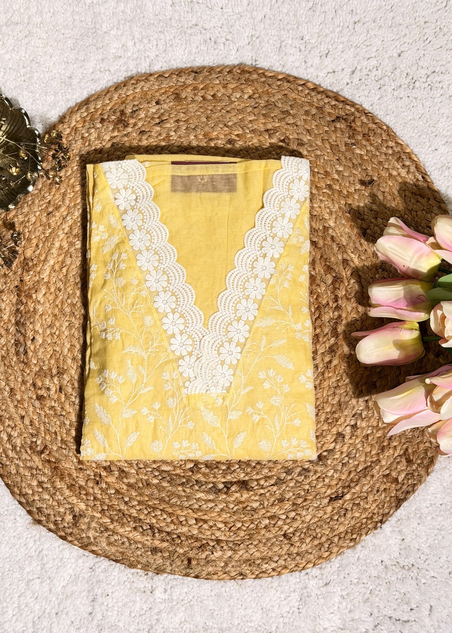 Yellow Chanderi Thread Embroidered Unstitched Suit Set