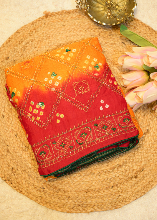 Red & Yellow Bhandhani Gajji Contrasting Saree with Unstitched Blouse