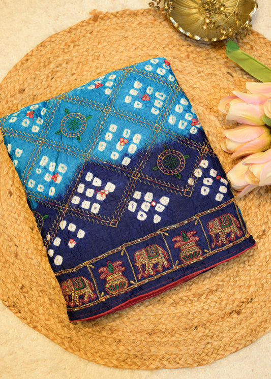 Blue & Purple Bhandhani Gajji Contrasting Saree with Unstitched Blouse