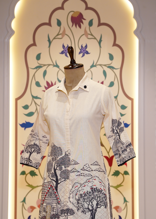 Cream Cotton Printed Co-ord Set with Collars and Black Bottom