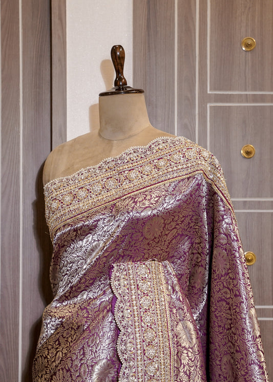 Wine Green Silk Bead Embroidered Border Saree with Unstitched Blouse