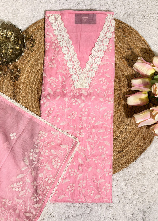Pink Chanderi Thread Embroidered Unstitched Suit Set