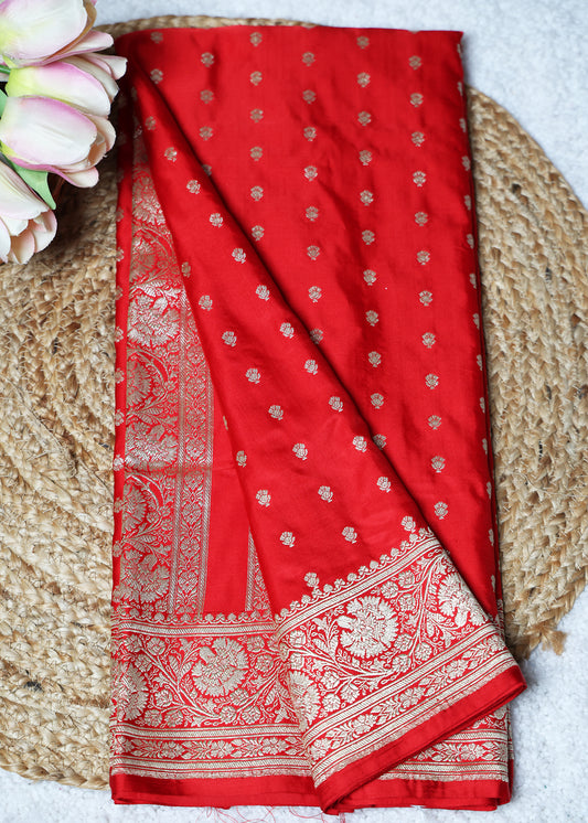 Red Booti & Zari Border Banarasi Saree with Unstitched Blouse
