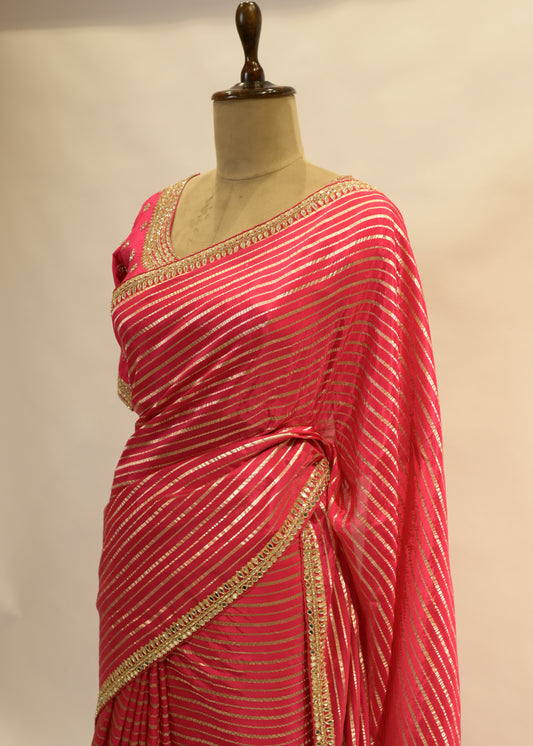 Rani Striped Zari Organza Sarees with Stitched Blouse