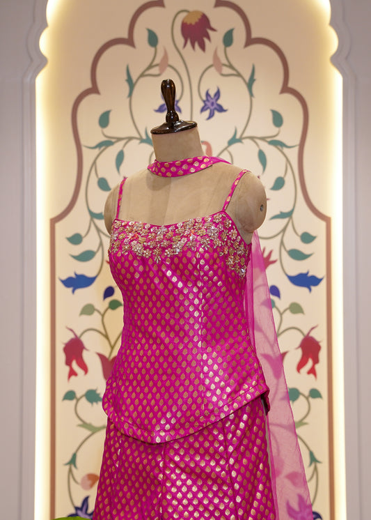 Hot pink Brocade Silk Hand Embroidered Peplum & Plazo Set with Choker Dupatta