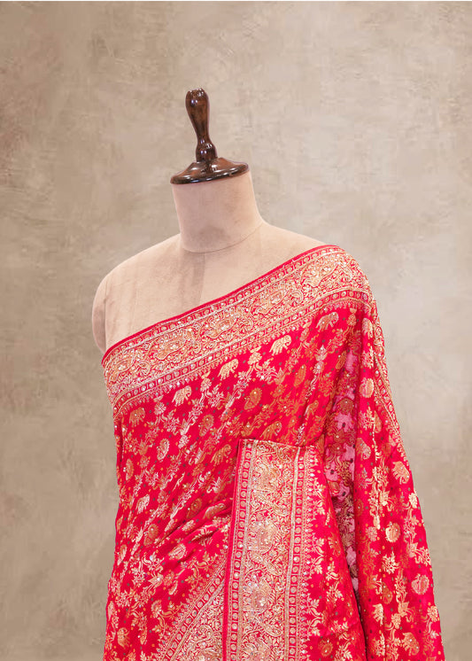 Red Hand Embroidered Dola Silk Saree with Elephant Motifs and Unstitched Blouse