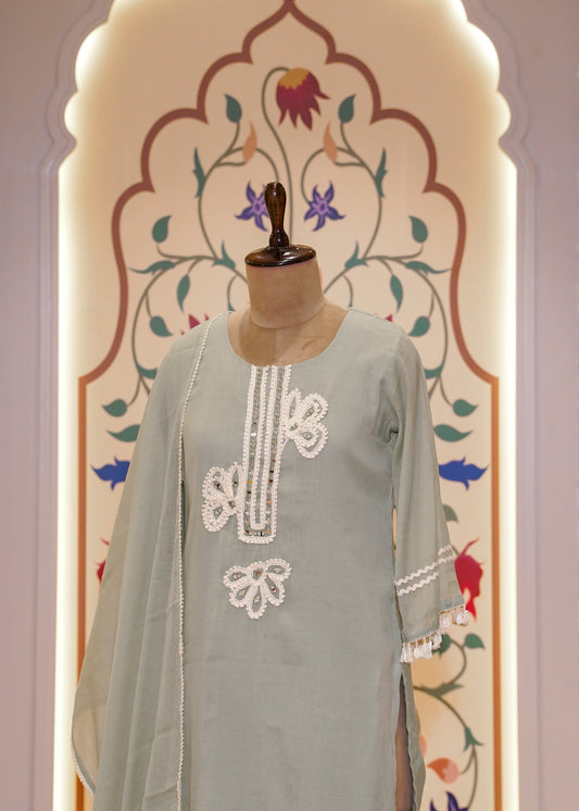 Pista Green Mul Cotton Thread Embroidered 3 pc Kurti Set