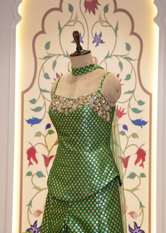 Green Brocade Silk Hand Embroidered Peplum & Plazo Set with Choker Dupatta