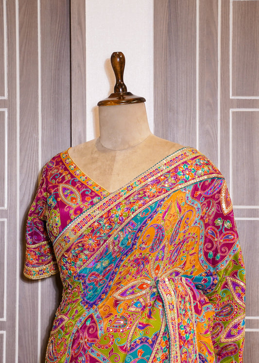 Multi Coloured Printed Zari Embroidered Designer Saree with Stitched Blouse