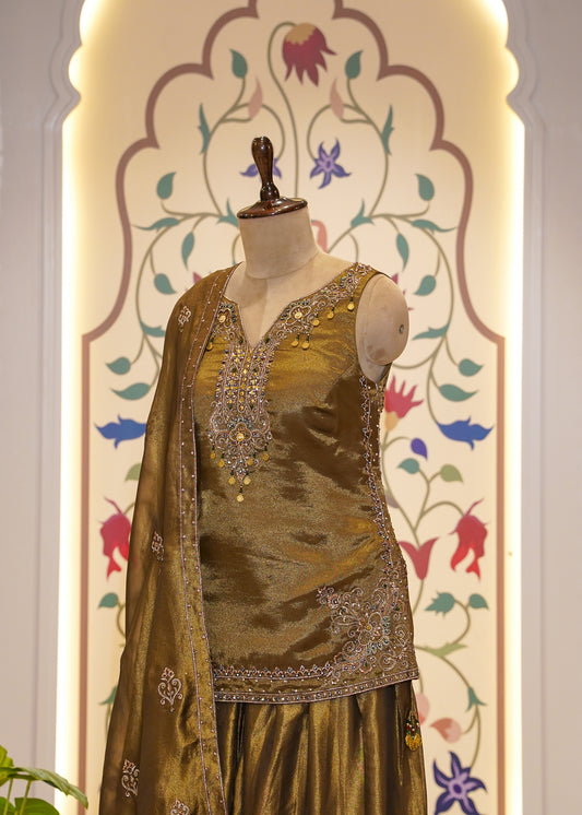 Mehendi Green Tissue Short Shirt with Farshi Salwar 3 pc Suit Set