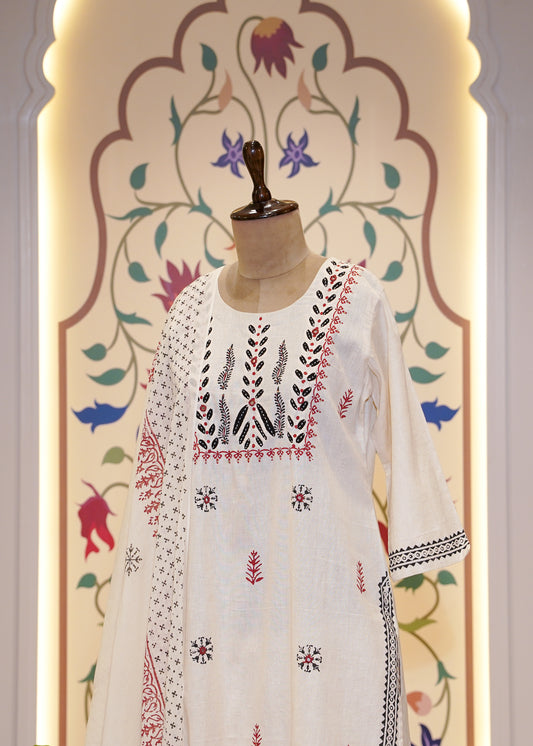 Cream Cotton Printed 3 pc Kurti Set