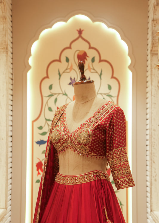 Aanya Crimson Red Raw Silk Bridal Lehenga Set with Dupatta