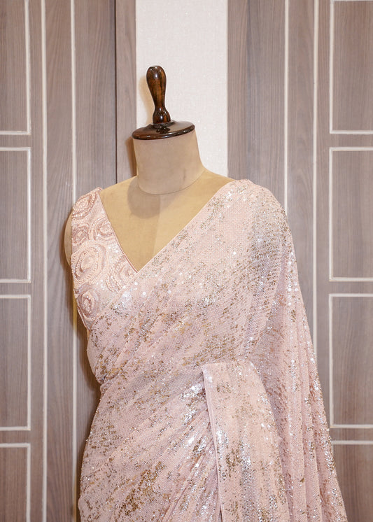 Pink Sequence Saree with Foil Work and Stitched Blouse