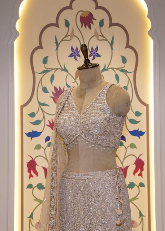Champagne Gold Bead Embroidered Crop Top Fish-cut Skirt Set
