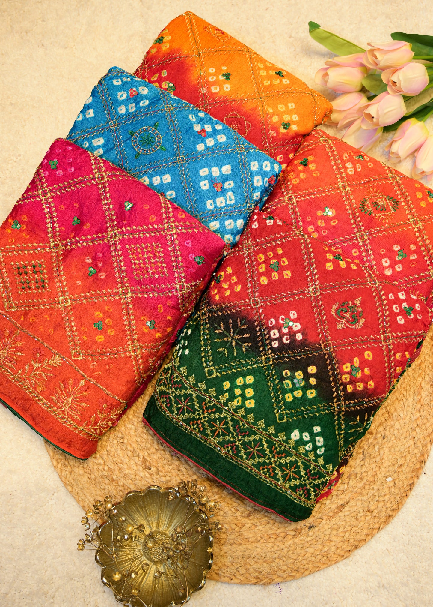 Pink & Orange Bhandhani Gajji Contrasting Saree with Unstitched Blouse
