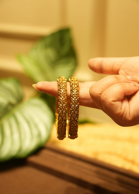 Zohra Carved Floral Gold Kada Bangle Pair