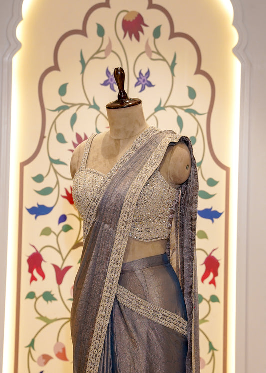Dusty Grey Crush Tissue Drape Saree with Embroidered Blouse