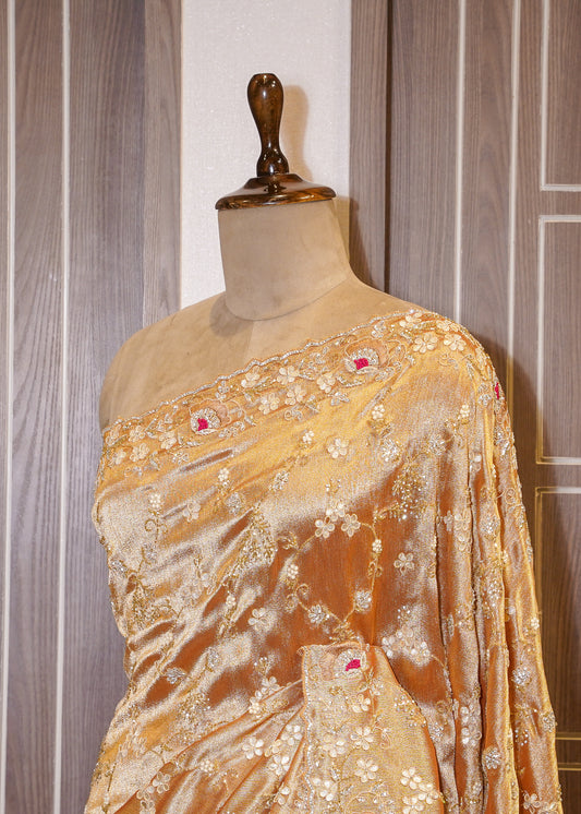 Golden Tissue Hand Embroidered Saree with Unstitched Blouse