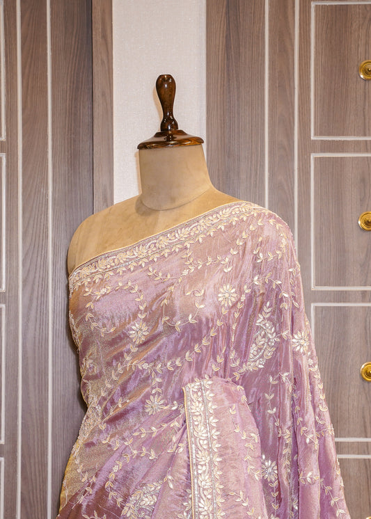 Lavender Hand Embroidered Gota Pati Saree with Unstitched Wine Blouse