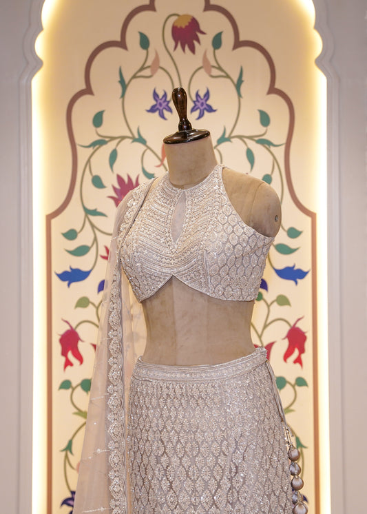 Metallic Silver Bead Embroidered Crop Top Fish-cut Skirt Set