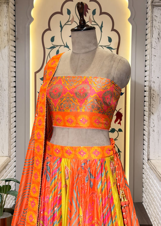 Neon Orange Hand Embellished Silk Lehenga with Unstitched Blouse