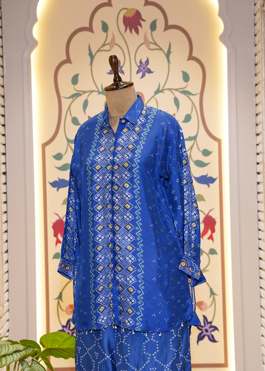 Electric Blue Printed Silk Co-ord Set with Collars