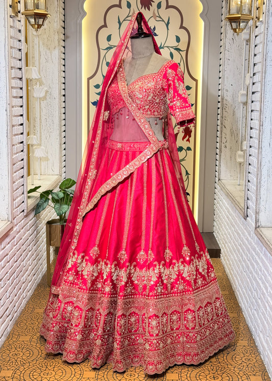 Rani Bead Embroidered Kali Peacock Style Bridal Lehenga with Stitched Blouse & 2 Dupattas