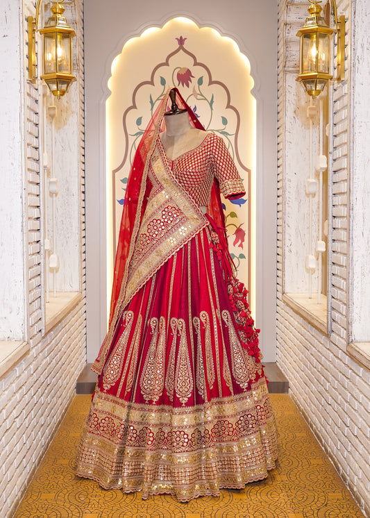 Royal Dual Tone Red & Deep Red Handcrafted Bridal Lehenga with Paisely Motifs & 2 Dupattas