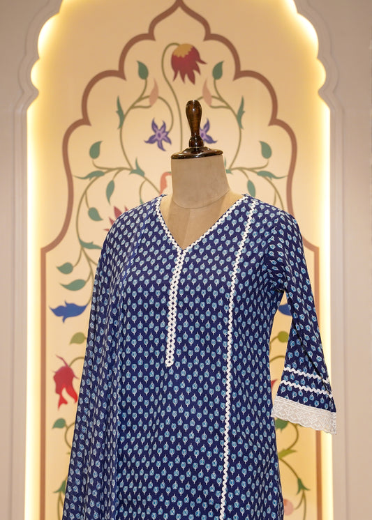 Blue Cotton Printed 3 pc Kurti Set with Lace Work