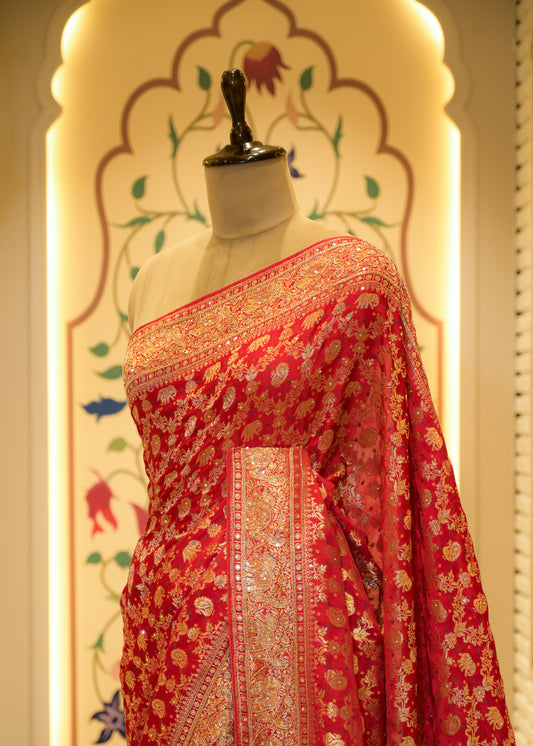 Red Hand Embroidered Dola Silk Saree with Elephant Motifs and Unstitched Blouse
