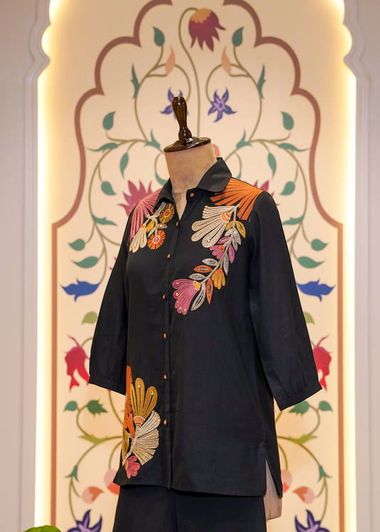 Black Cotton Co-ord Set with Floral Thread Embroidery