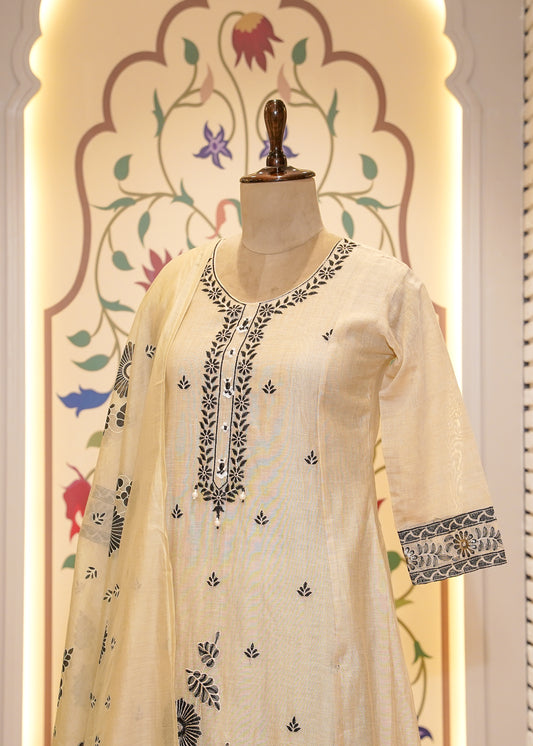 Beige A Line Thread Embroidered 3 pc Kurti Set