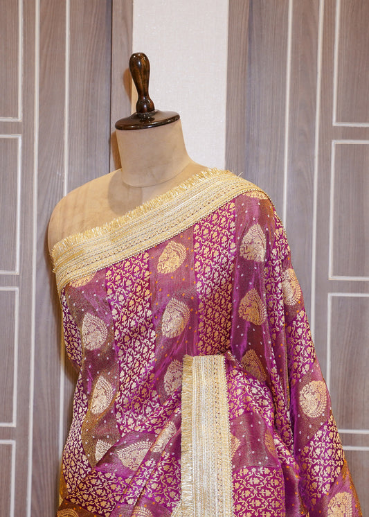 Wine Tissue Weaving Saree with Gota Lace and Unstitched Blouse