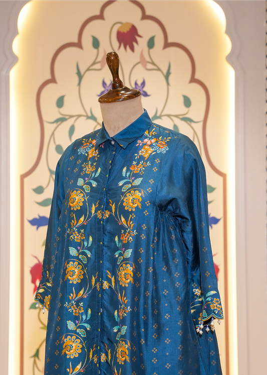 Blue Hand Embellished Printed Silk Co-ord Set