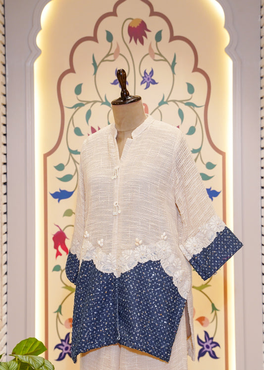 Ivory & Blue Cotton Jute Co-ord Set with Shells & Thread Embroidery