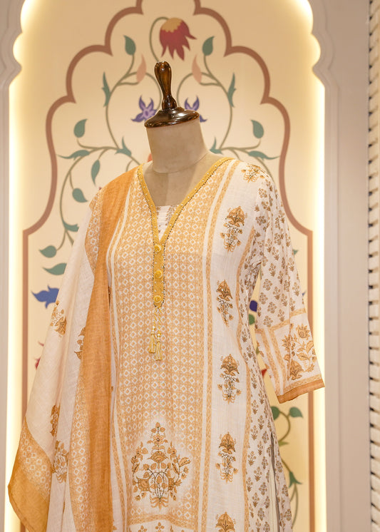 Yellow Cotton Printed 3 pc Kurti Set