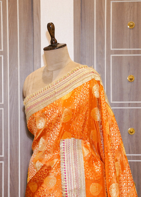 Rust Tissue Weaving Saree with Gota Lace and Unstitched Blouse