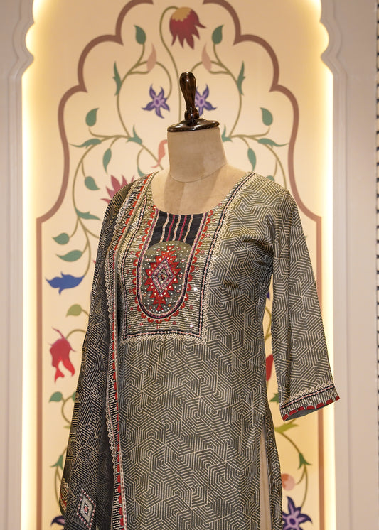 Grey Printed Muslin 3-Piece Kurti Set
