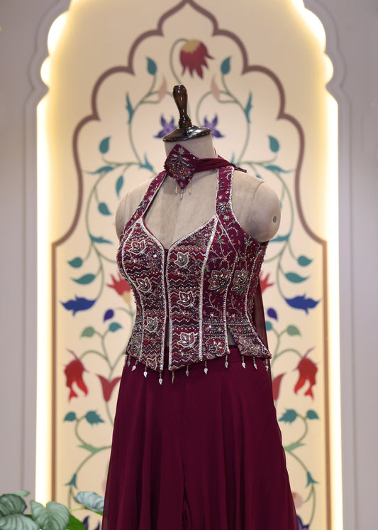 Vaani Maroon Sharara Corset Top Set