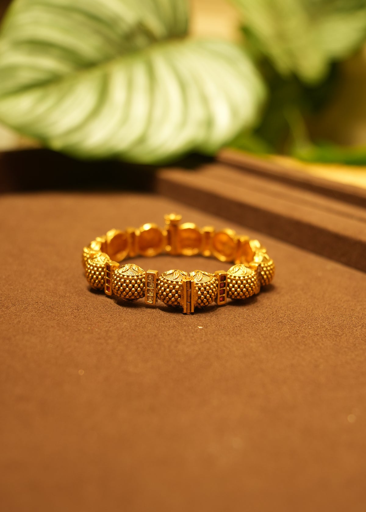 Jahanara Beaded Gold Bead & Ruby Kada Bangle Pair