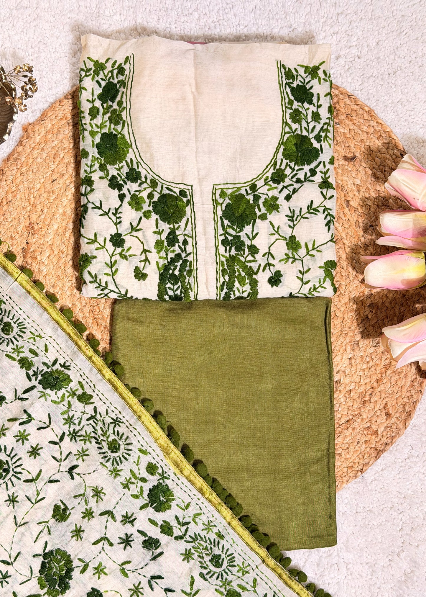 Ivory Chanderi with Green Kantha Embroidery Unstitched Suit Set